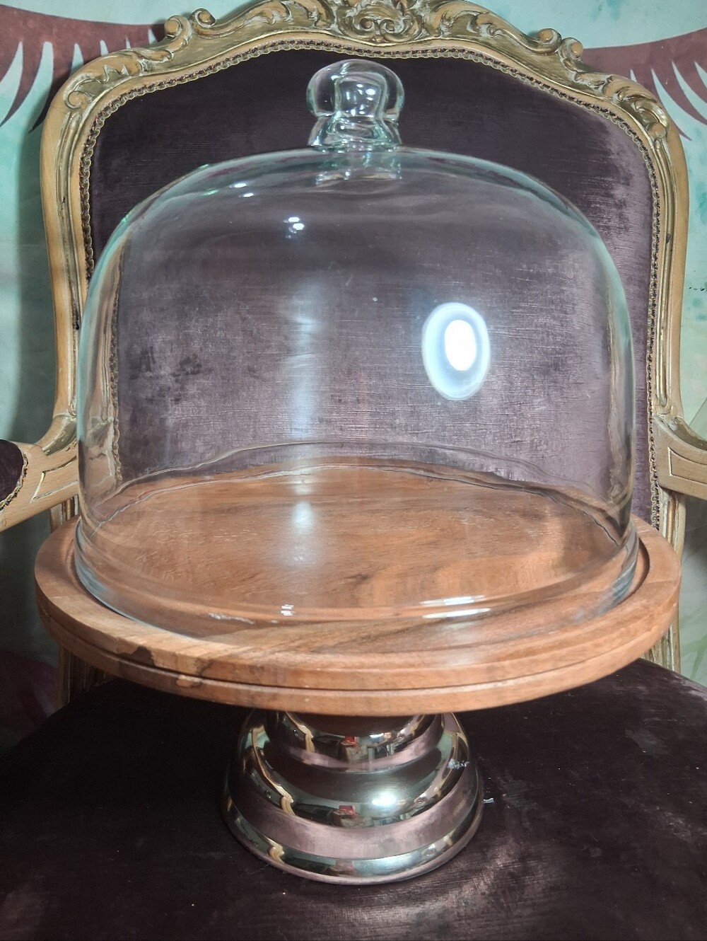 Clear Glass Dome Cake Stand with Natural Wood Base - Picture 2 of 10